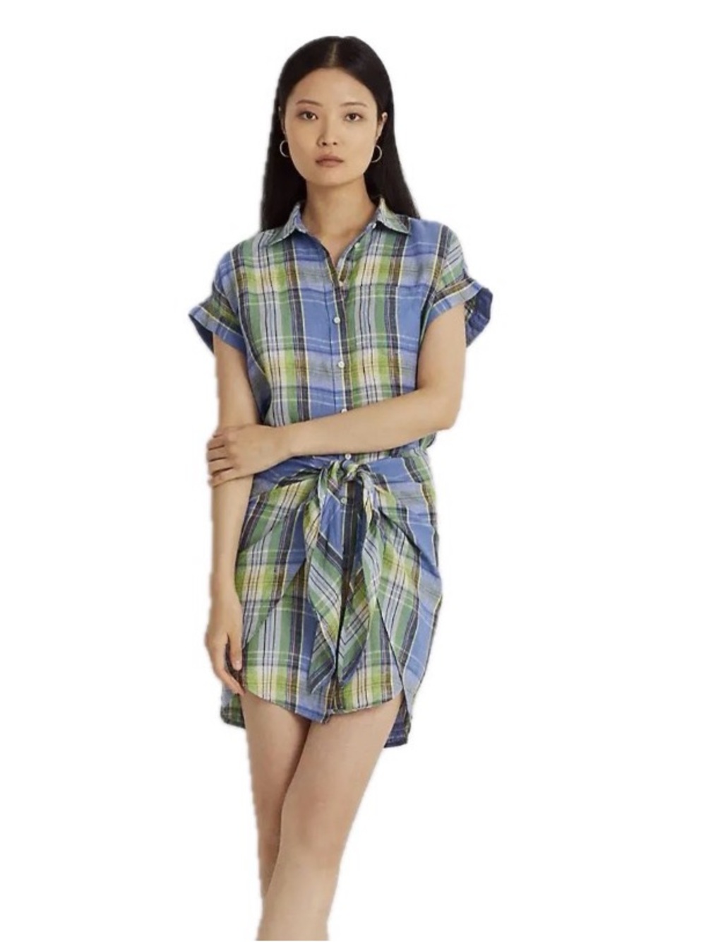 Lauren Ralph Lauren Blue Green Plaid Tie-Waist Mini Dress